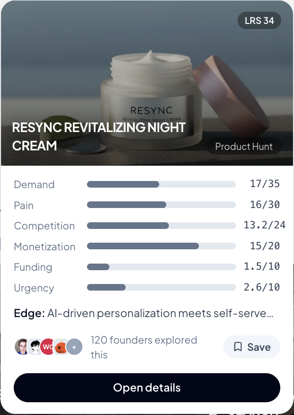 The live Fluenta idea card for Resync, as scored on the product.